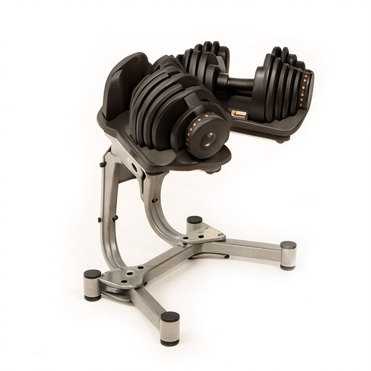 Adjustable Dumbbells (Set of 2) + Stand – 10 lb to 90 lb